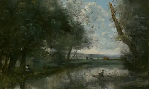 Leaning trees over a calm pond, with a person rowing a small boat and pale clouds behind.